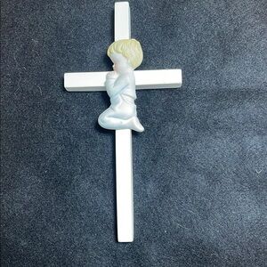 White ceramic Cross with Praying Child
